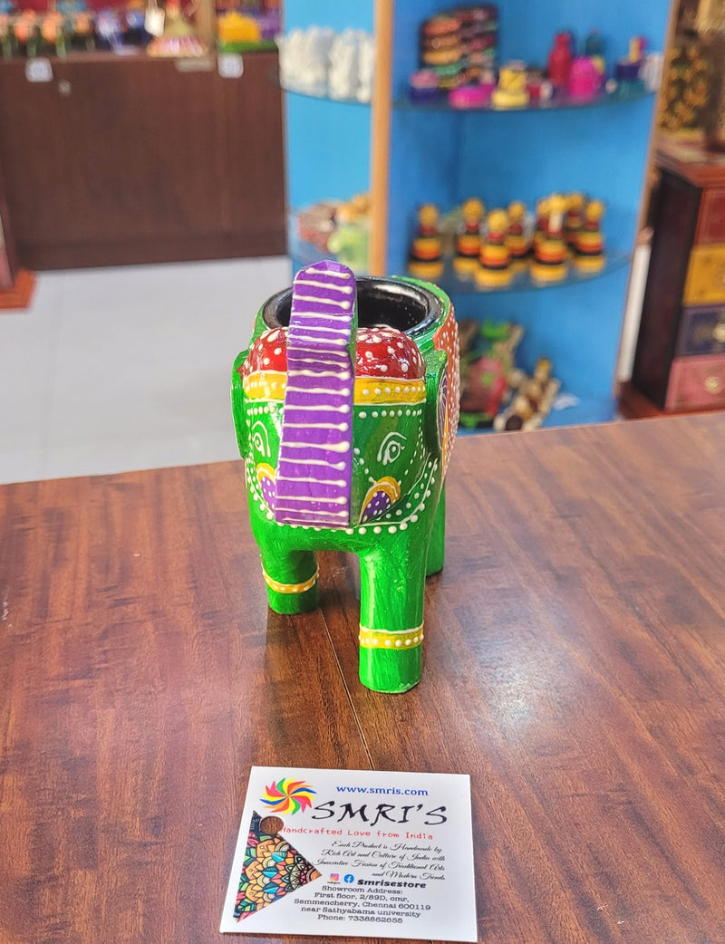 Wooden Carving Elephant Dark Green Deepam Holder Handpainted Indian Handicrafts Home Decor (4 H * 4.5 L *2 W) inches