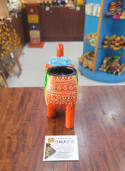 Wooden Carving Elephant Dark Orange Deepam Holder Handpainted Indian Handicrafts Home Decor (4 H * 4.5 L *2 W) inches