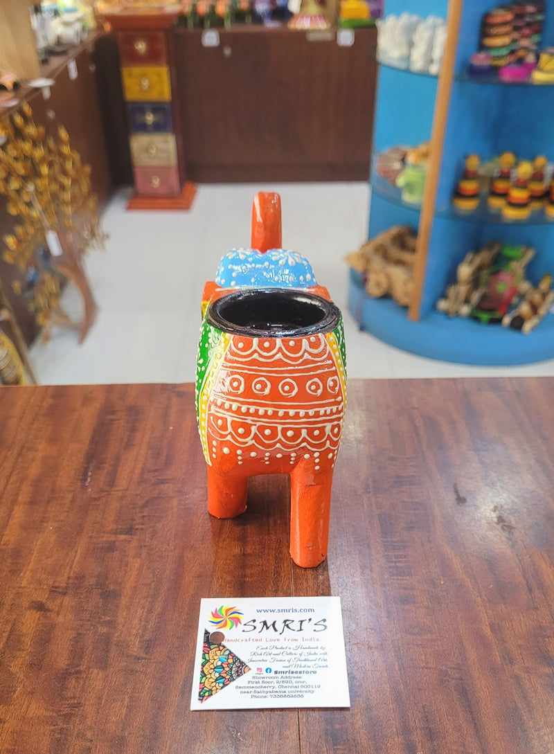 Wooden Carving Elephant Dark Orange Deepam Holder Handpainted Indian Handicrafts Home Decor (4 H * 4.5 L *2 W) inches