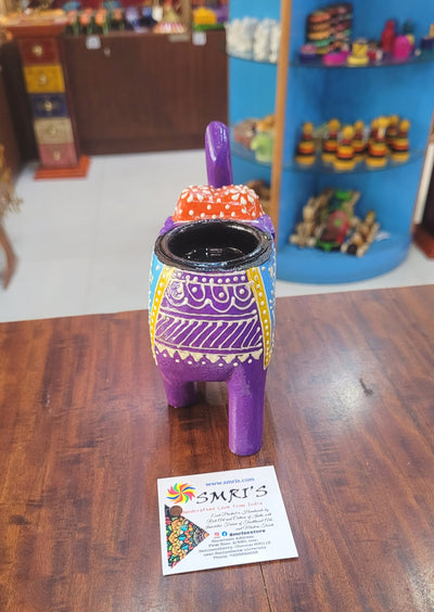 Wooden Carving Elephant Violet Deepam Holder Handpainted Indian Handicrafts Home Decor (4 H * 4.5 L *2 W) inches