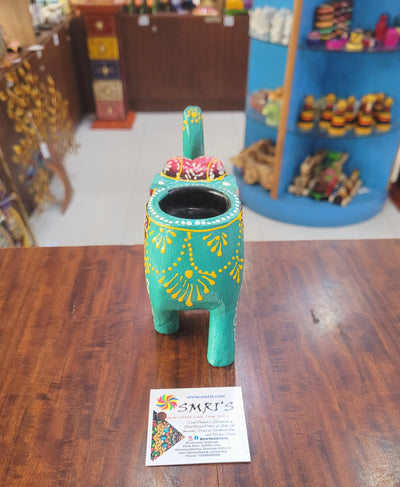 Wooden Carving Elephant Green Deepam Holder Handpainted Indian Handicrafts Home Decor (4 H * 4.5 L *2 W) inches
