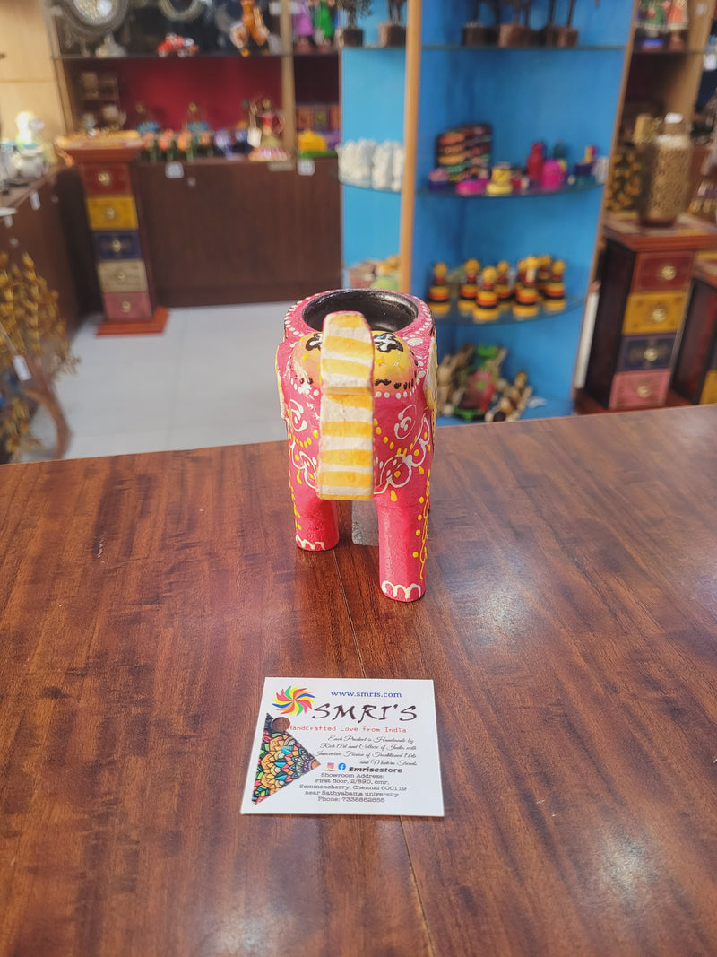 Wooden Carving Elephant Pink Deepam Holder Handpainted Indian Handicrafts Home Decor (4 H * 4.5 L *2 W) inches