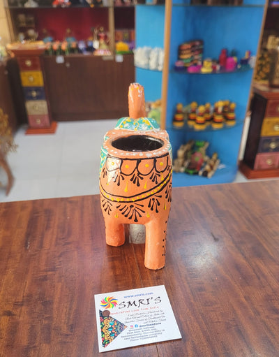 Wooden Carving Elephant Orange Deepam Holder Handpainted Indian Handicrafts Home Decor (4 H * 4.5 L *2 W) inches