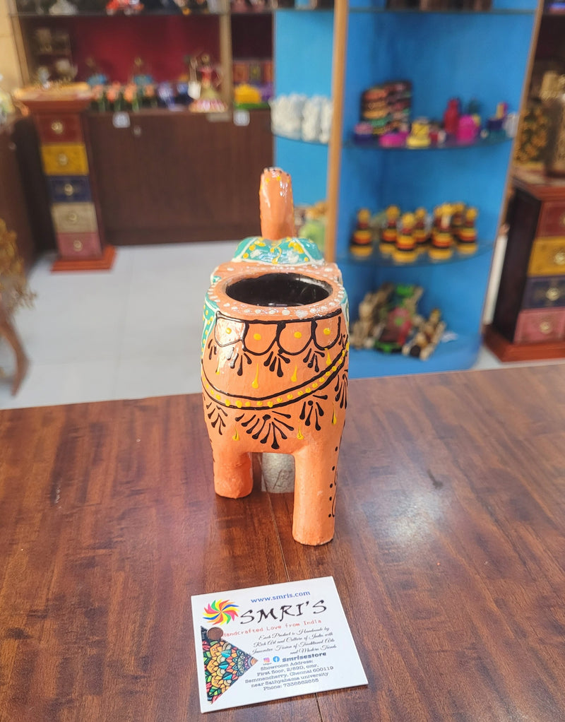 Wooden Carving Elephant Orange Deepam Holder Handpainted Indian Handicrafts Home Decor (4 H * 4.5 L *2 W) inches