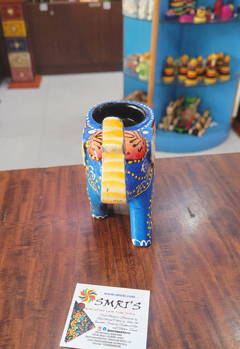 Wooden Carving Elephant Dark Blue Deepam Holder Handpainted Indian Handicrafts Home Decor (4 H * 4.5 L *2 W) inches