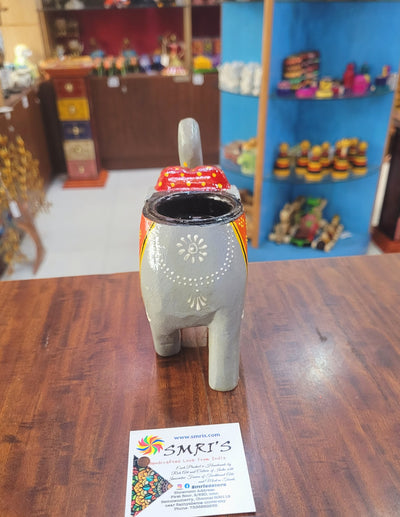 Wooden Carving Elephant Grey Deepam Holder Handpainted Indian Handicrafts Home Decor (4 H * 4.5 L *2 W) inches