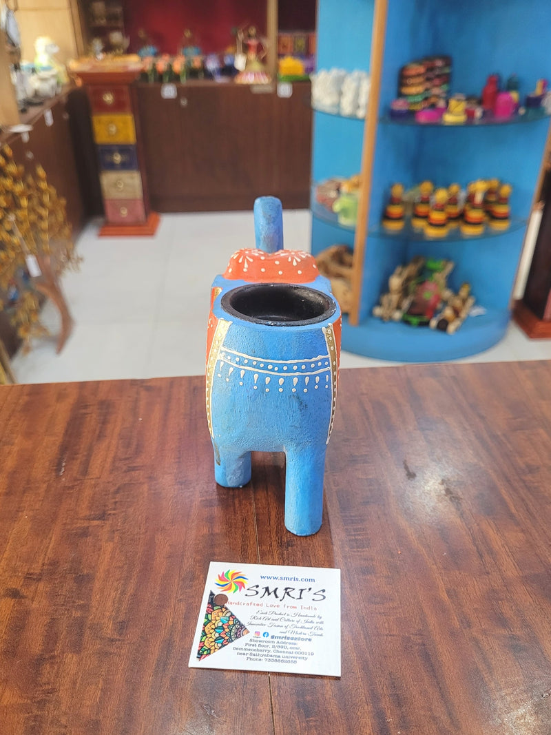 Wooden Carving Elephant Sky Blue Deepam Holder Handpainted Indian Handicrafts Home Decor (4 H * 4.5 L *2 W) inches