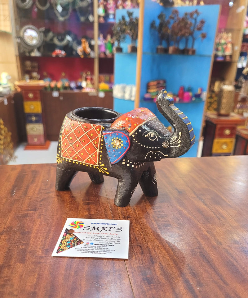 Wooden Carving Elephant Black Deepam Holder Handpainted Indian Handicrafts Home Decor (4 H * 4.5 L *2 W) inches