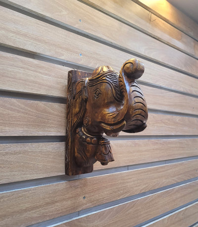 Elephant Head Trunk Up Wall Bracket / Vagai Wooden Carving Natural Wall Hanging Decor Traditional Indian Handicrafts ( 10 H * 8 L * 3 W ) inches