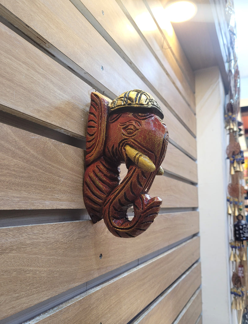 Elephant Head Wall Bracket / Vagai Small Wooden Carving Orange Green Wall Hanging Decor Traditional Indian Handicrafts ( 8 H * 4 L * 2.5 W ) inches