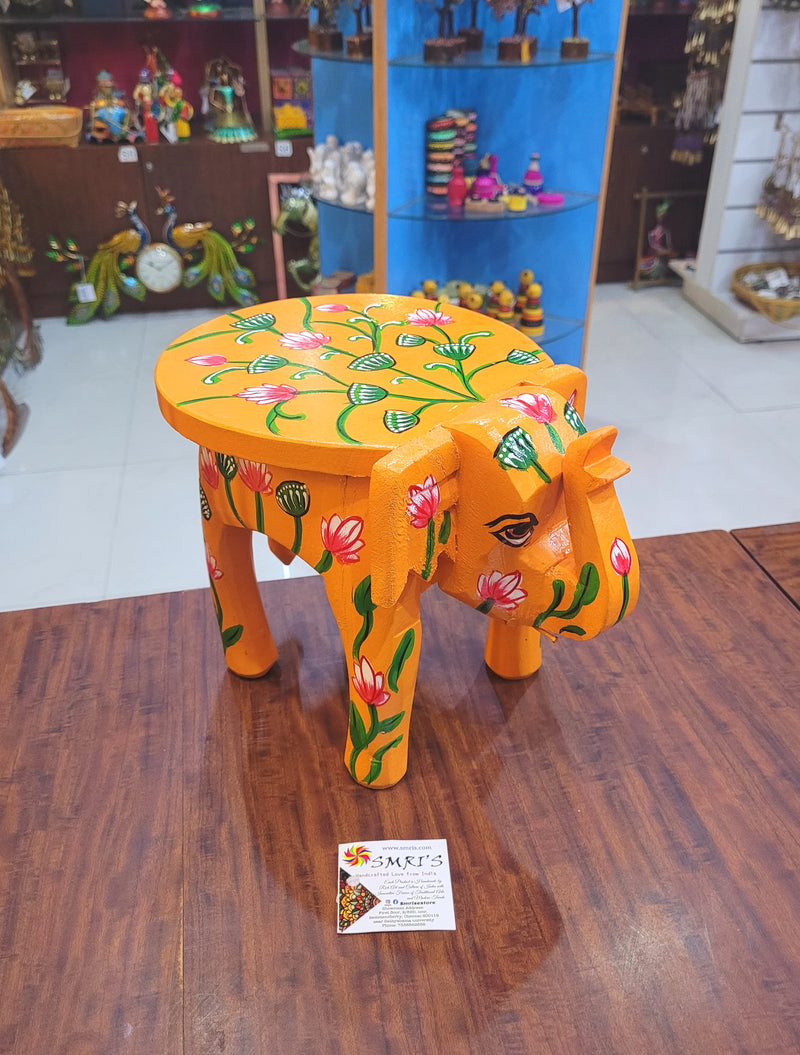 Wooden Elephant Stool Floral designs LARGE Orange color indian handicrafts Home decor pooja decor foyer decor ( 8 H * 10.5 * 8 W ) Inches