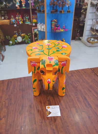 Wooden Elephant Stool Floral designs LARGE Orange color indian handicrafts Home decor pooja decor foyer decor ( 8 H * 10.5 * 8 W ) Inches