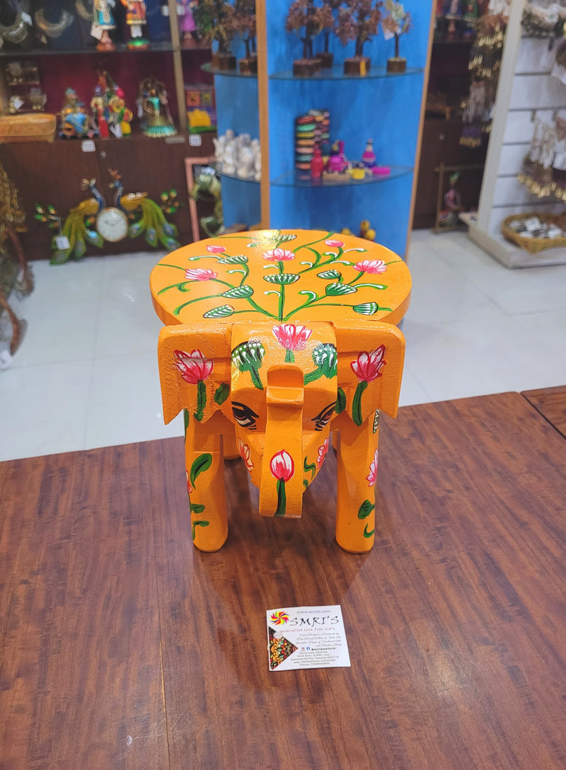 Wooden Elephant Stool Floral designs LARGE Orange color indian handicrafts Home decor pooja decor foyer decor ( 8 H * 10.5 * 8 W ) Inches