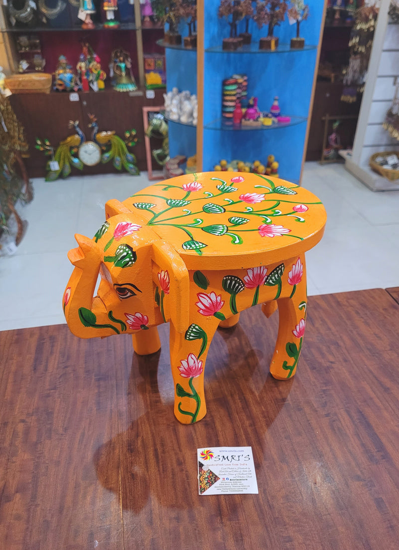 Wooden Elephant Stool Floral designs LARGE Orange color indian handicrafts Home decor pooja decor foyer decor ( 8 H * 10.5 * 8 W ) Inches