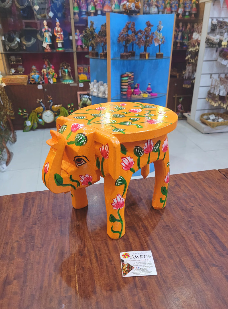 Wooden Elephant Stool Floral designs LARGE Orange color indian handicrafts Home decor pooja decor foyer decor ( 8 H * 10.5 * 8 W ) Inches