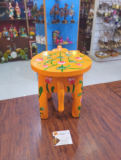 Wooden Elephant Stool Floral designs LARGE Orange color indian handicrafts Home decor pooja decor foyer decor ( 8 H * 10.5 * 8 W ) Inches