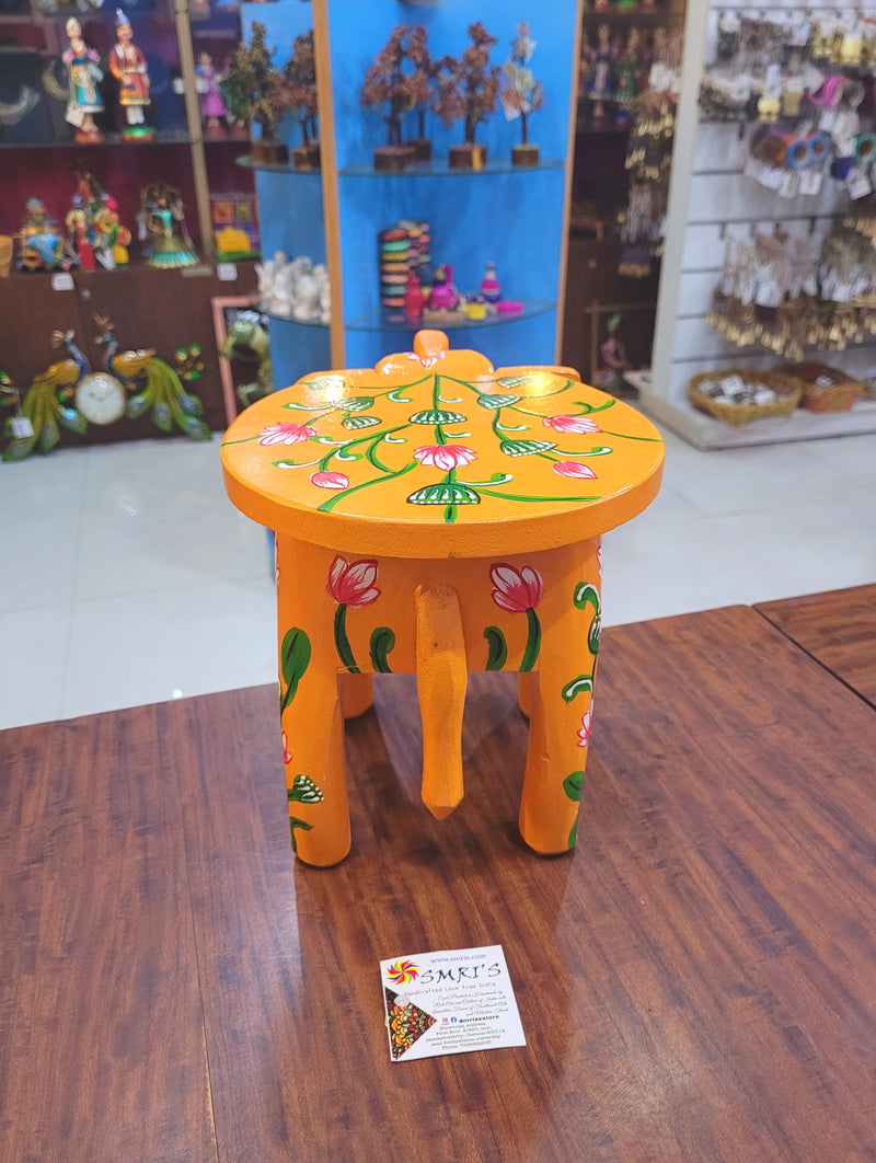 Wooden Elephant Stool Floral designs LARGE Orange color indian handicrafts Home decor pooja decor foyer decor ( 8 H * 10.5 * 8 W ) Inches