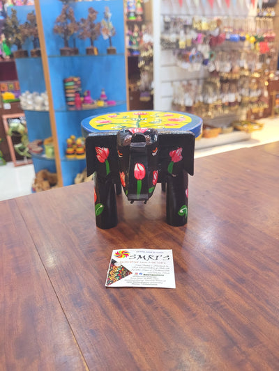 Wooden Elephant Stool Floral designs SMALL Black with Yellow color indian handicrafts Home decor pooja decor foyer decor ( 4.5 H * 7 * 5 W ) Inches
