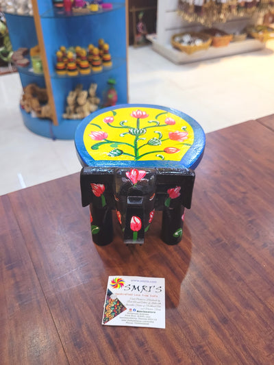 Wooden Elephant Stool Floral designs SMALL Black with Yellow color indian handicrafts Home decor pooja decor foyer decor ( 4.5 H * 7 * 5 W ) Inches