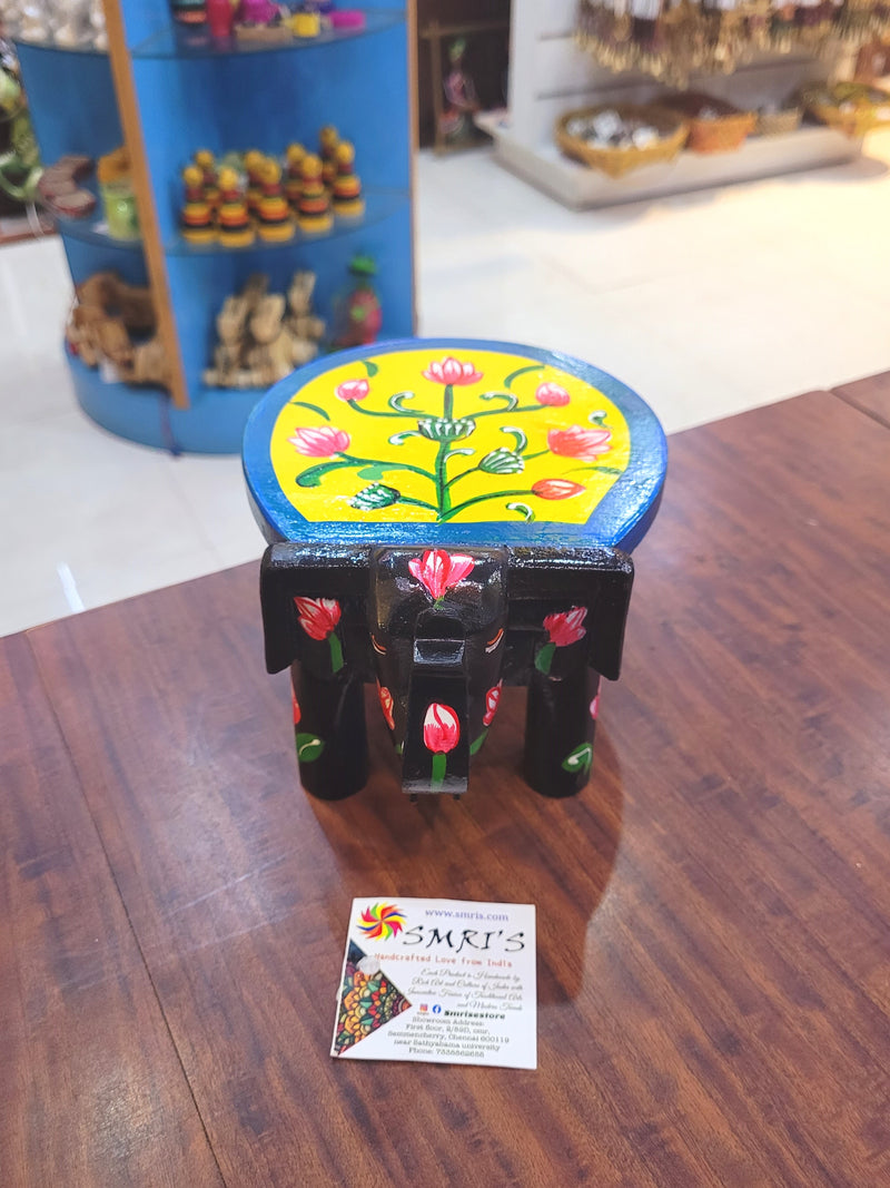 Wooden Elephant Stool Floral designs SMALL Black with Yellow color indian handicrafts Home decor pooja decor foyer decor ( 4.5 H * 7 * 5 W ) Inches