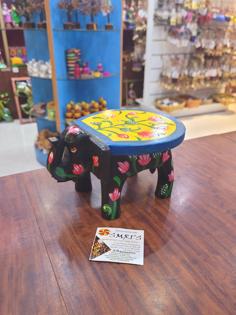 Wooden Elephant Stool Floral designs SMALL Black with Yellow color indian handicrafts Home decor pooja decor foyer decor ( 4.5 H * 7 * 5 W ) Inches