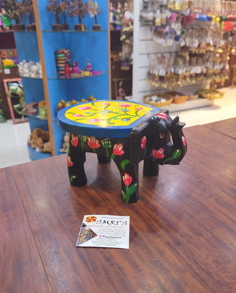 Wooden Elephant Stool Floral designs SMALL Black with Yellow color indian handicrafts Home decor pooja decor foyer decor ( 4.5 H * 7 * 5 W ) Inches