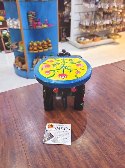 Wooden Elephant Stool Floral designs SMALL Black with Yellow color indian handicrafts Home decor pooja decor foyer decor ( 4.5 H * 7 * 5 W ) Inches