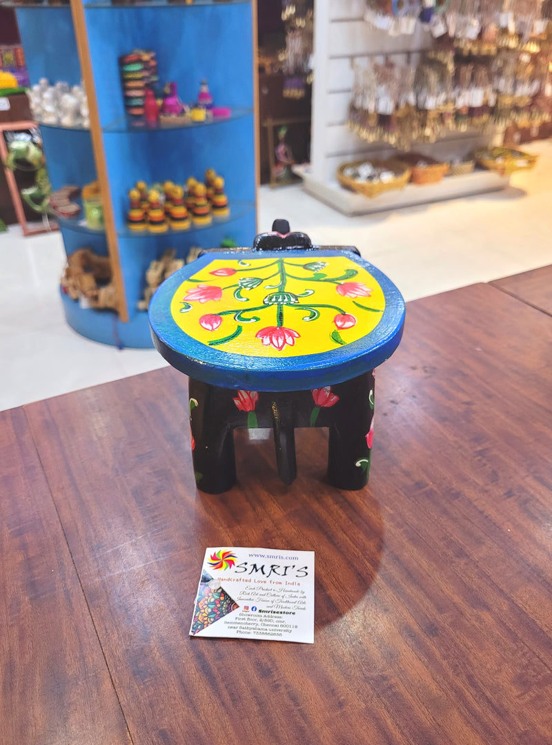 Wooden Elephant Stool Floral designs SMALL Black with Yellow color indian handicrafts Home decor pooja decor foyer decor ( 4.5 H * 7 * 5 W ) Inches