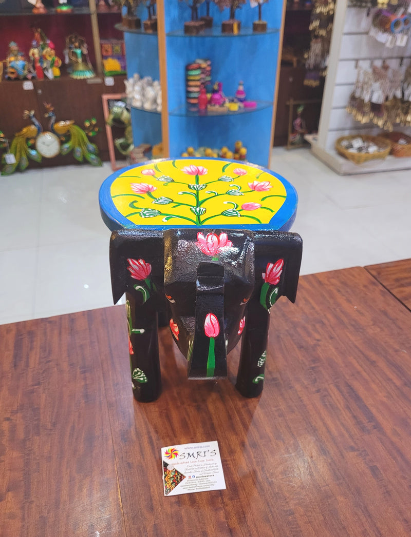 Wooden Elephant Stool Floral designs LARGE Black with Yellow color indian handicrafts Home decor pooja decor foyer decor ( 8 H * 10.5 * 8 W ) Inches