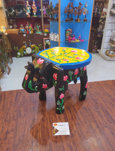 Wooden Elephant Stool Floral designs LARGE Black with Yellow color indian handicrafts Home decor pooja decor foyer decor ( 8 H * 10.5 * 8 W ) Inches