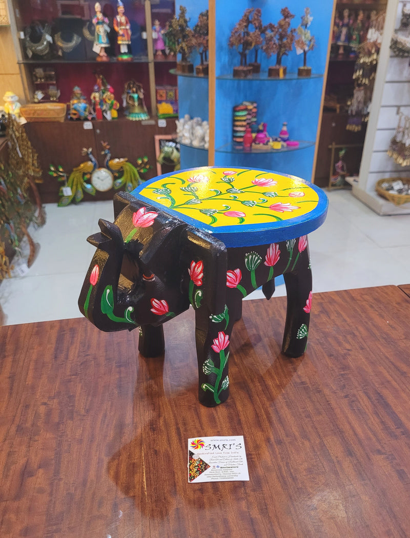 Wooden Elephant Stool Floral designs LARGE Black with Yellow color indian handicrafts Home decor pooja decor foyer decor ( 8 H * 10.5 * 8 W ) Inches