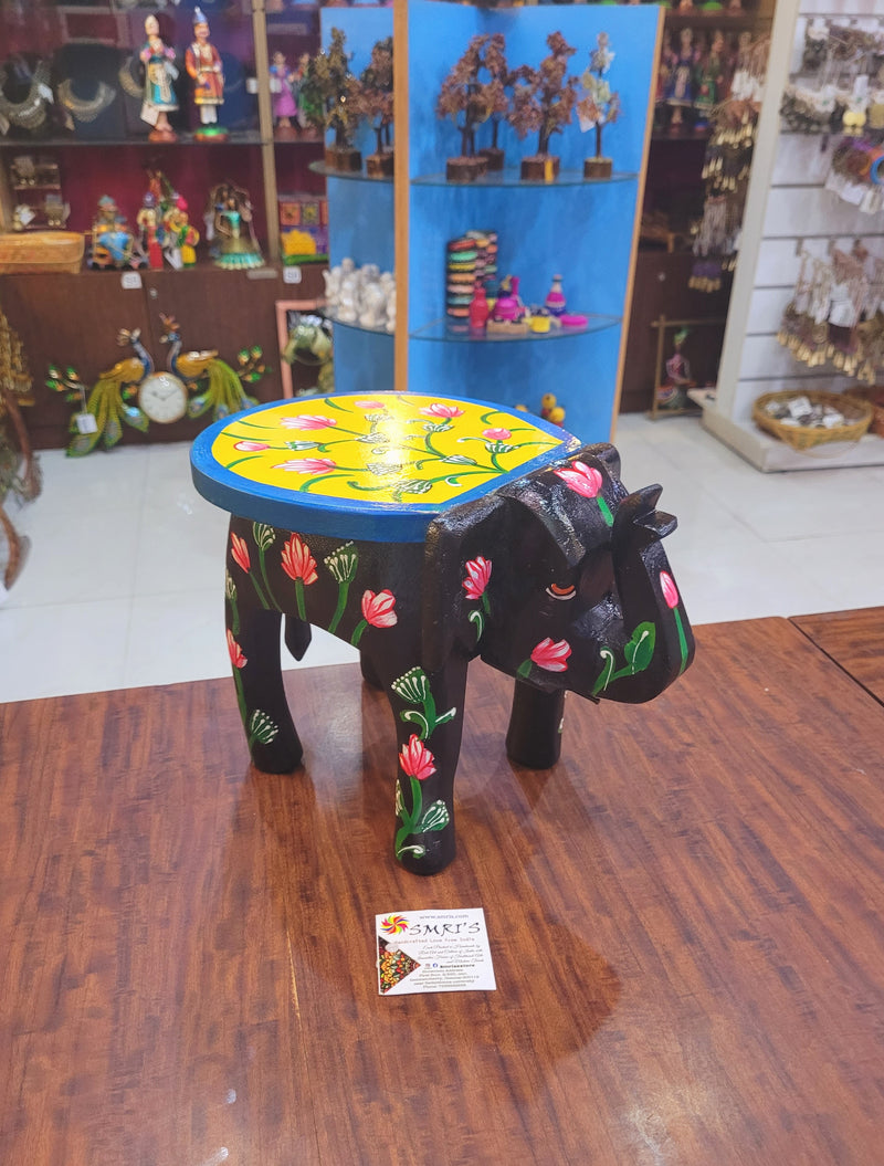 Wooden Elephant Stool Floral designs LARGE Black with Yellow color indian handicrafts Home decor pooja decor foyer decor ( 8 H * 10.5 * 8 W ) Inches