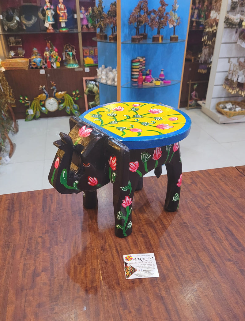 Wooden Elephant Stool Floral designs LARGE Black with Yellow color indian handicrafts Home decor pooja decor foyer decor ( 8 H * 10.5 * 8 W ) Inches