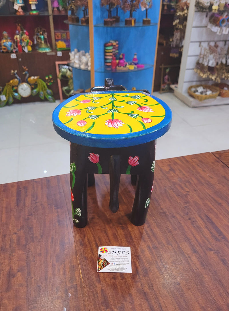Wooden Elephant Stool Floral designs LARGE Black with Yellow color indian handicrafts Home decor pooja decor foyer decor ( 8 H * 10.5 * 8 W ) Inches
