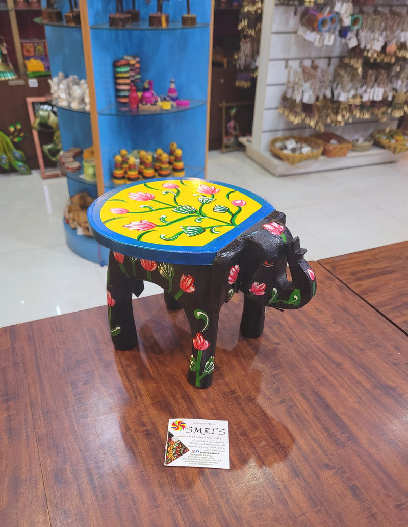 Wooden Elephant Stool Floral designs MEDIUM Black with Yellow color indian handicrafts Home decor pooja decor foyer decor ( 6.5 H * 9 * 6.5 W ) Inches