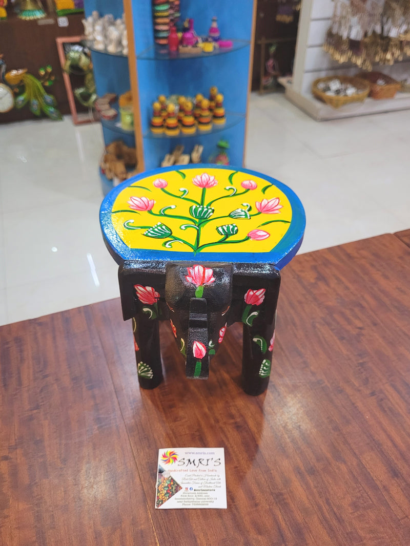 Wooden Elephant Stool Floral designs MEDIUM Black with Yellow color indian handicrafts Home decor pooja decor foyer decor ( 6.5 H * 9 * 6.5 W ) Inches