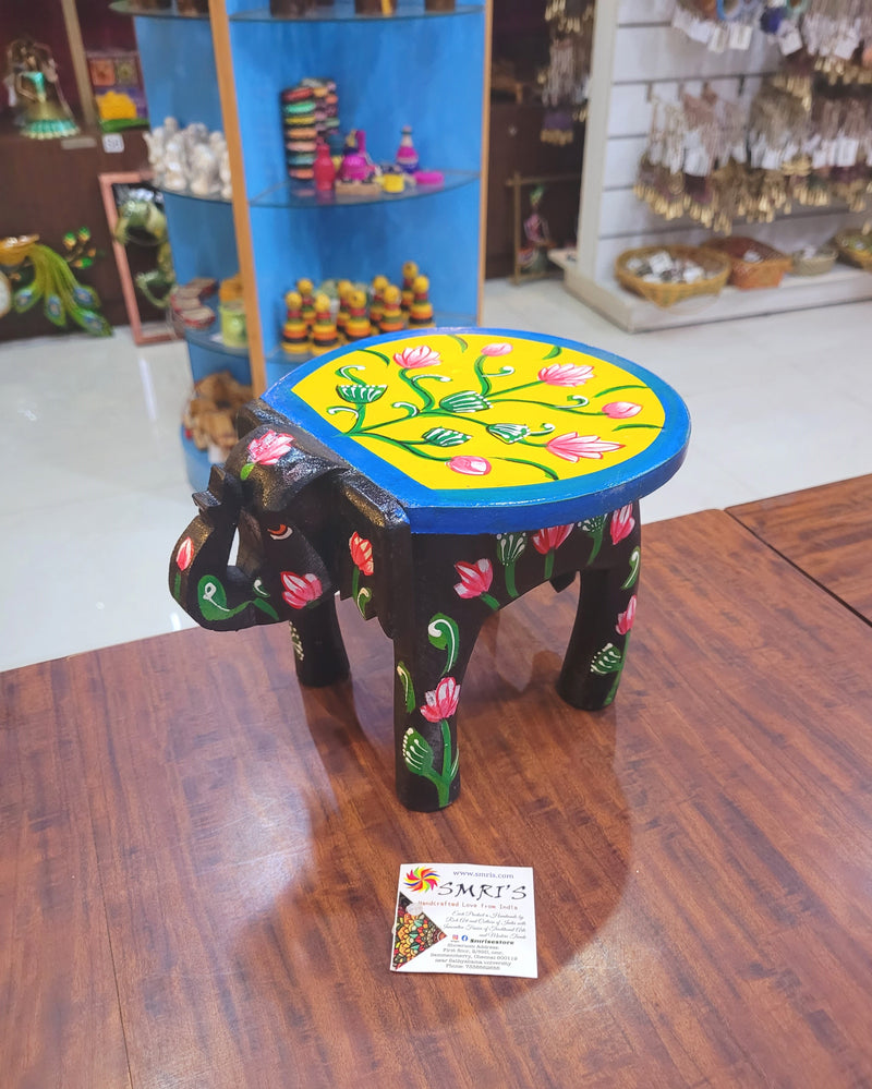 Wooden Elephant Stool Floral designs MEDIUM Black with Yellow color indian handicrafts Home decor pooja decor foyer decor ( 6.5 H * 9 * 6.5 W ) Inches