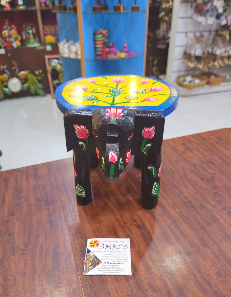 Wooden Elephant Stool Floral designs MEDIUM Black with Yellow color indian handicrafts Home decor pooja decor foyer decor ( 6.5 H * 9 * 6.5 W ) Inches