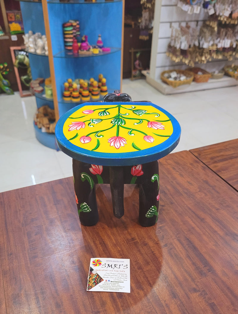 Wooden Elephant Stool Floral designs MEDIUM Black with Yellow color indian handicrafts Home decor pooja decor foyer decor ( 6.5 H * 9 * 6.5 W ) Inches