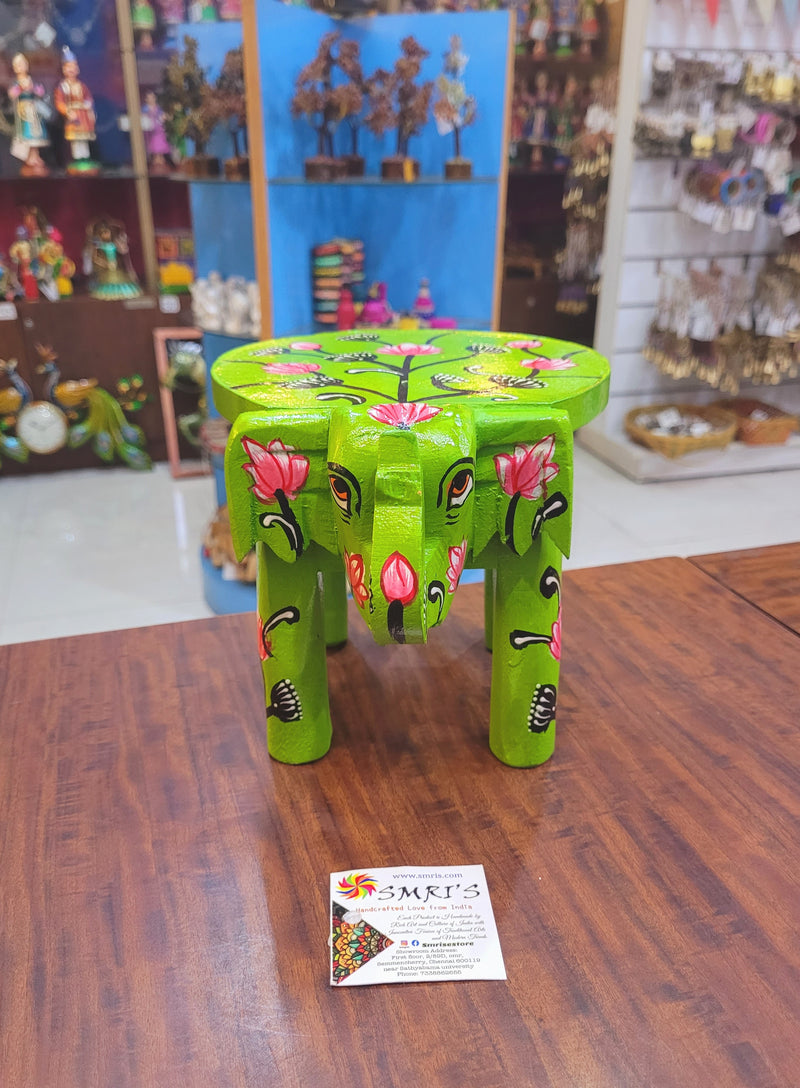 Wooden Elephant Stool Floral designs MEDIUM Light Green color indian handicrafts Home decor pooja decor foyer decor ( 6.5 H * 9 * 6.5 W ) Inches