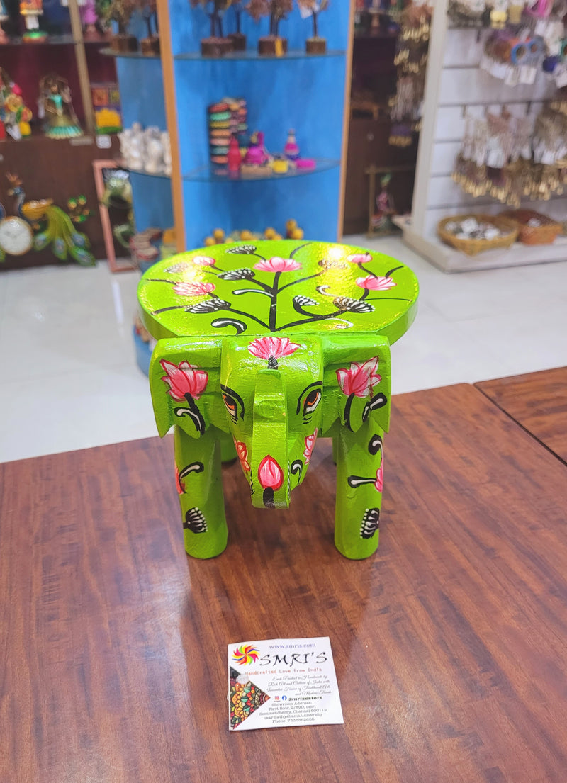 Wooden Elephant Stool Floral designs MEDIUM Light Green color indian handicrafts Home decor pooja decor foyer decor ( 6.5 H * 9 * 6.5 W ) Inches