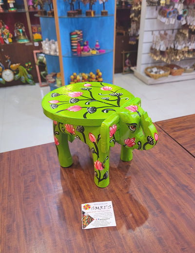 Wooden Elephant Stool Floral designs MEDIUM Light Green color indian handicrafts Home decor pooja decor foyer decor ( 6.5 H * 9 * 6.5 W ) Inches