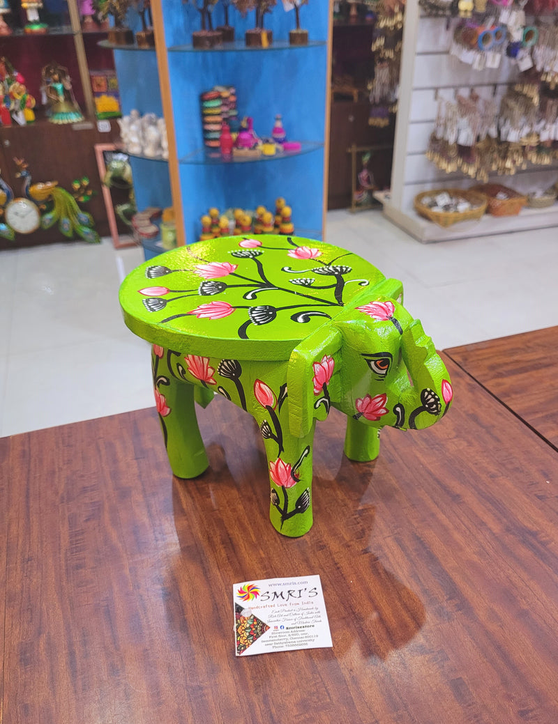Wooden Elephant Stool Floral designs MEDIUM Light Green color indian handicrafts Home decor pooja decor foyer decor ( 6.5 H * 9 * 6.5 W ) Inches