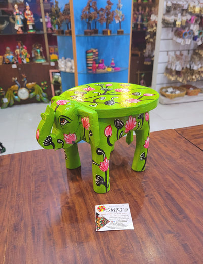 Wooden Elephant Stool Floral designs MEDIUM Light Green color indian handicrafts Home decor pooja decor foyer decor ( 6.5 H * 9 * 6.5 W ) Inches