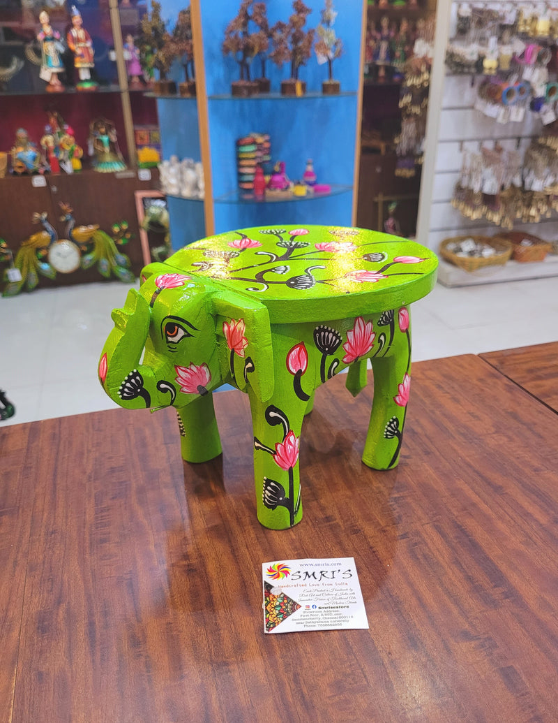 Wooden Elephant Stool Floral designs MEDIUM Light Green color indian handicrafts Home decor pooja decor foyer decor ( 6.5 H * 9 * 6.5 W ) Inches