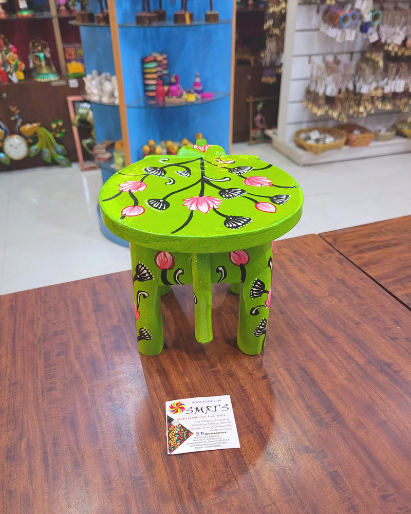 Wooden Elephant Stool Floral designs MEDIUM Light Green color indian handicrafts Home decor pooja decor foyer decor ( 6.5 H * 9 * 6.5 W ) Inches