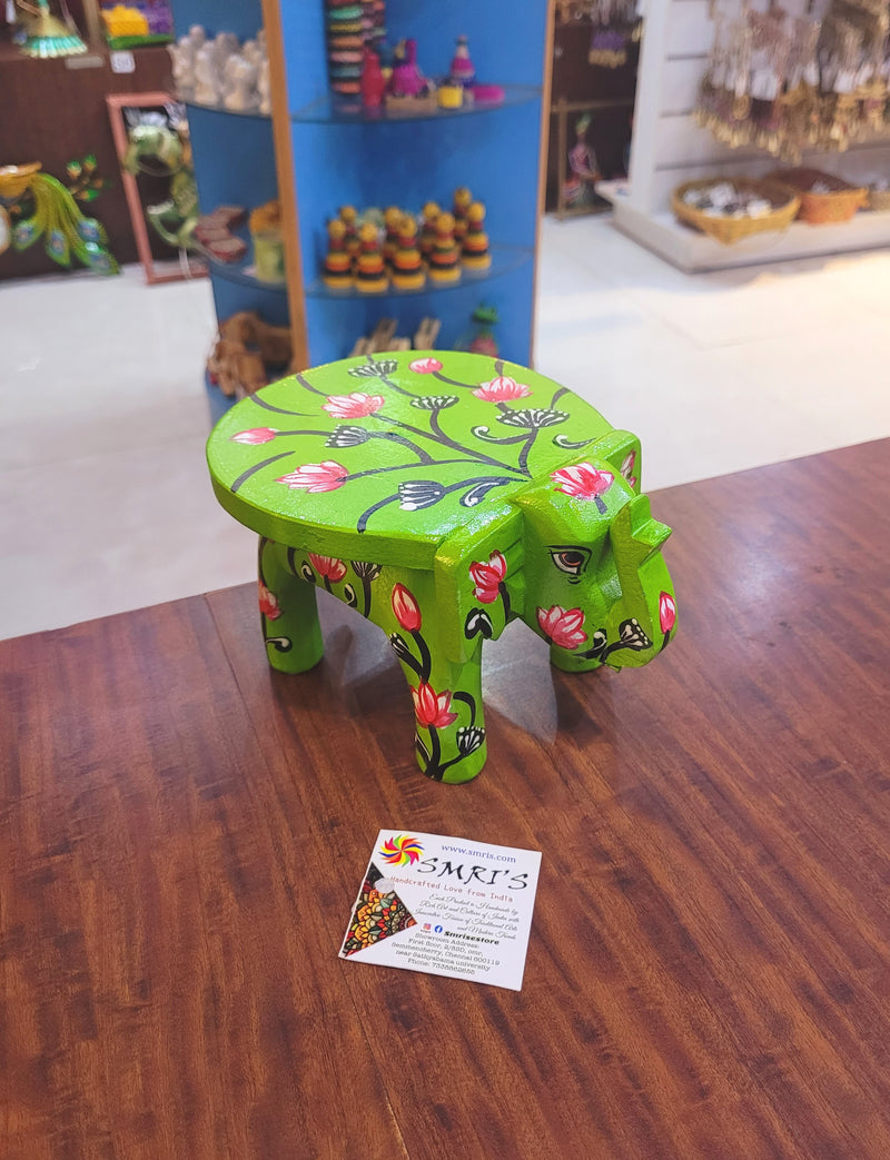 Wooden Elephant Stool Floral designs SMALL Light Green color indian handicrafts Home decor pooja decor foyer decor ( 4.5 H * 7 * 5 W ) Inches