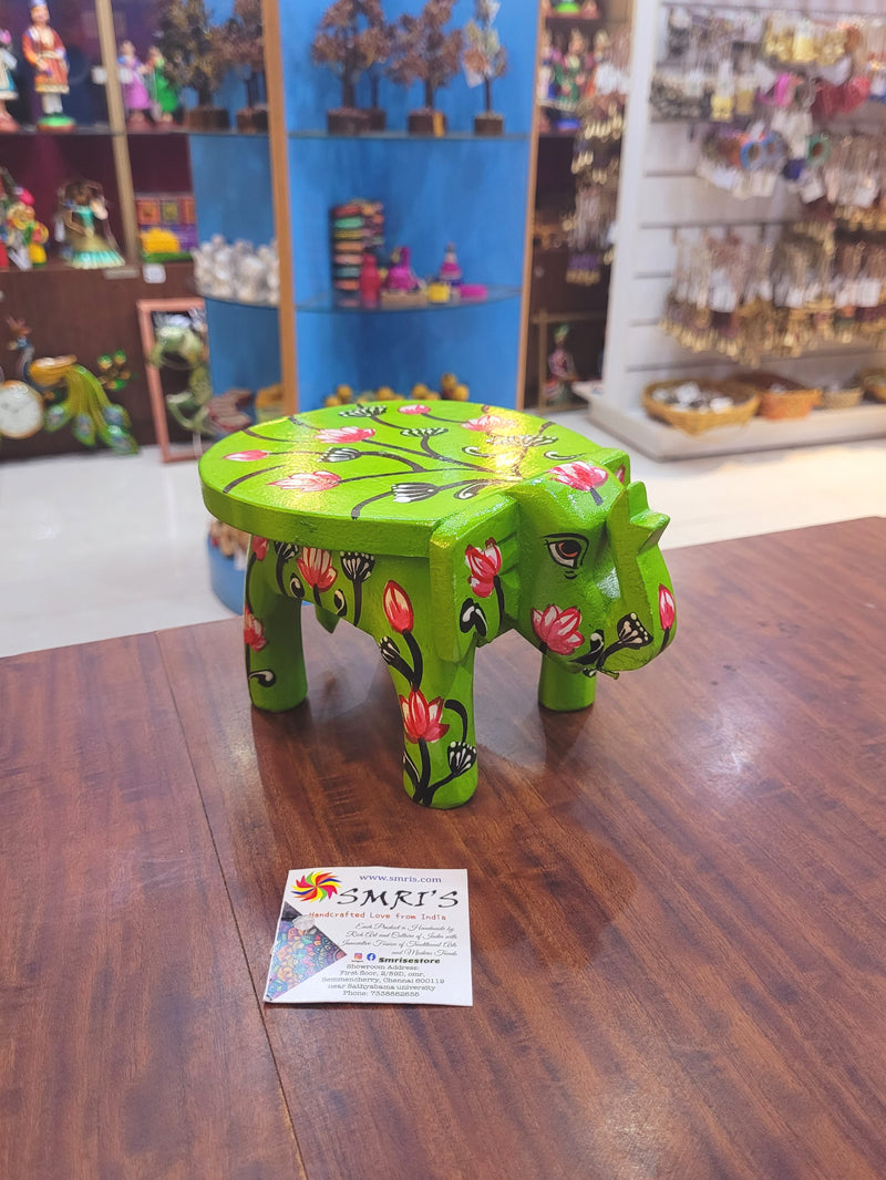 Wooden Elephant Stool Floral designs SMALL Light Green color indian handicrafts Home decor pooja decor foyer decor ( 4.5 H * 7 * 5 W ) Inches