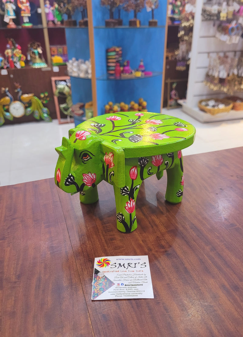 Wooden Elephant Stool Floral designs SMALL Light Green color indian handicrafts Home decor pooja decor foyer decor ( 4.5 H * 7 * 5 W ) Inches