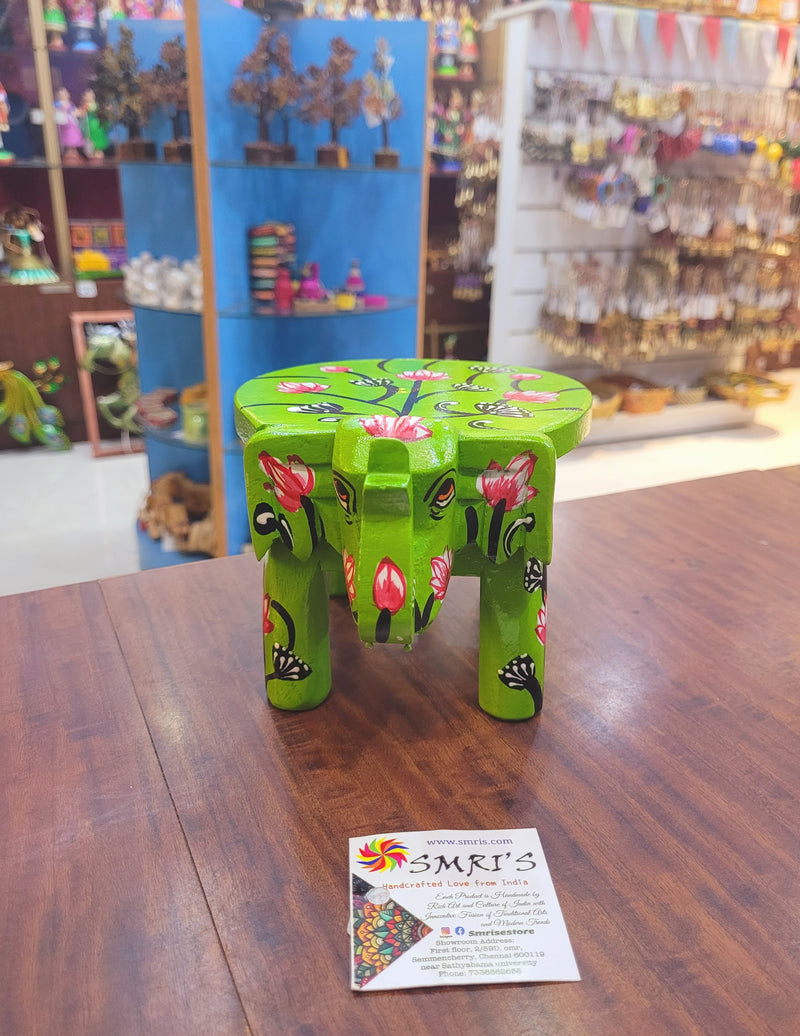 Wooden Elephant Stool Floral designs SMALL Light Green color indian handicrafts Home decor pooja decor foyer decor ( 4.5 H * 7 * 5 W ) Inches